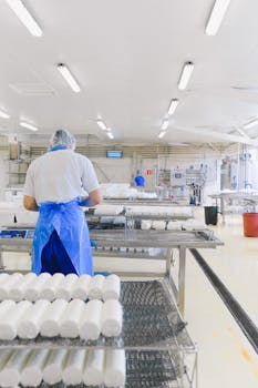 A worker in a cheese production factory, focused on processing and quality control.